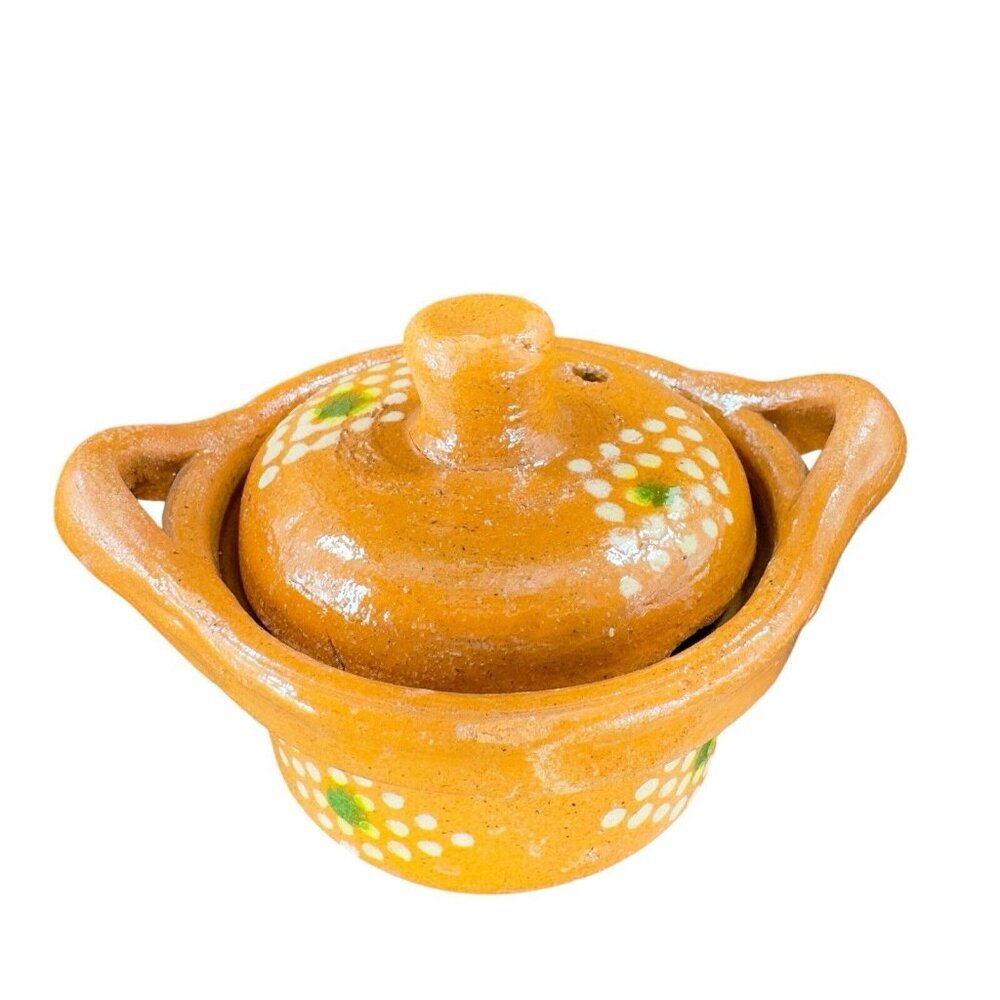 Mexico Folk Art Pottery RedWare Casserole Dish Pan Hand Painted With Lid Pottery